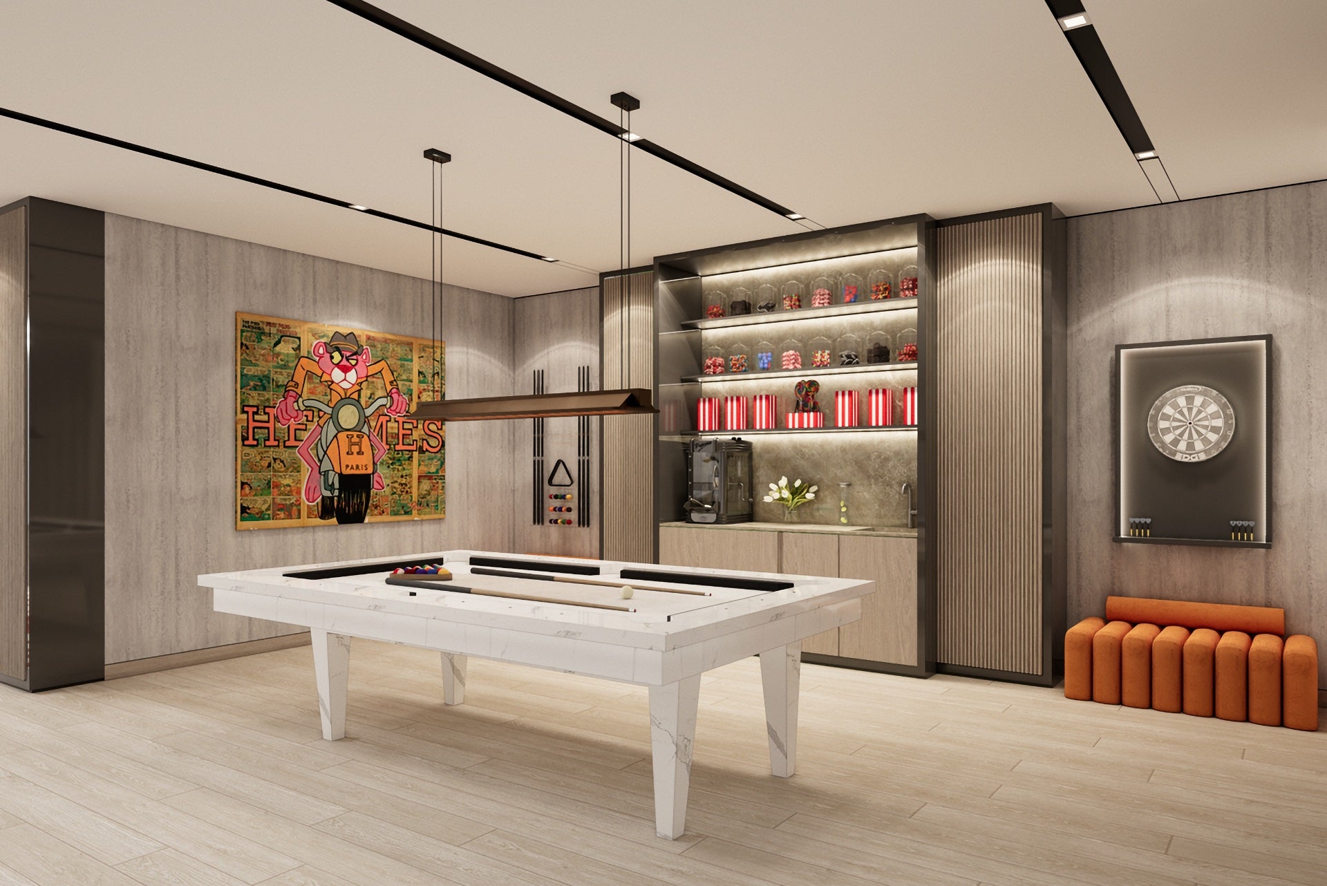 Dubai luxury marble pool table in high rise modern upscale apartment